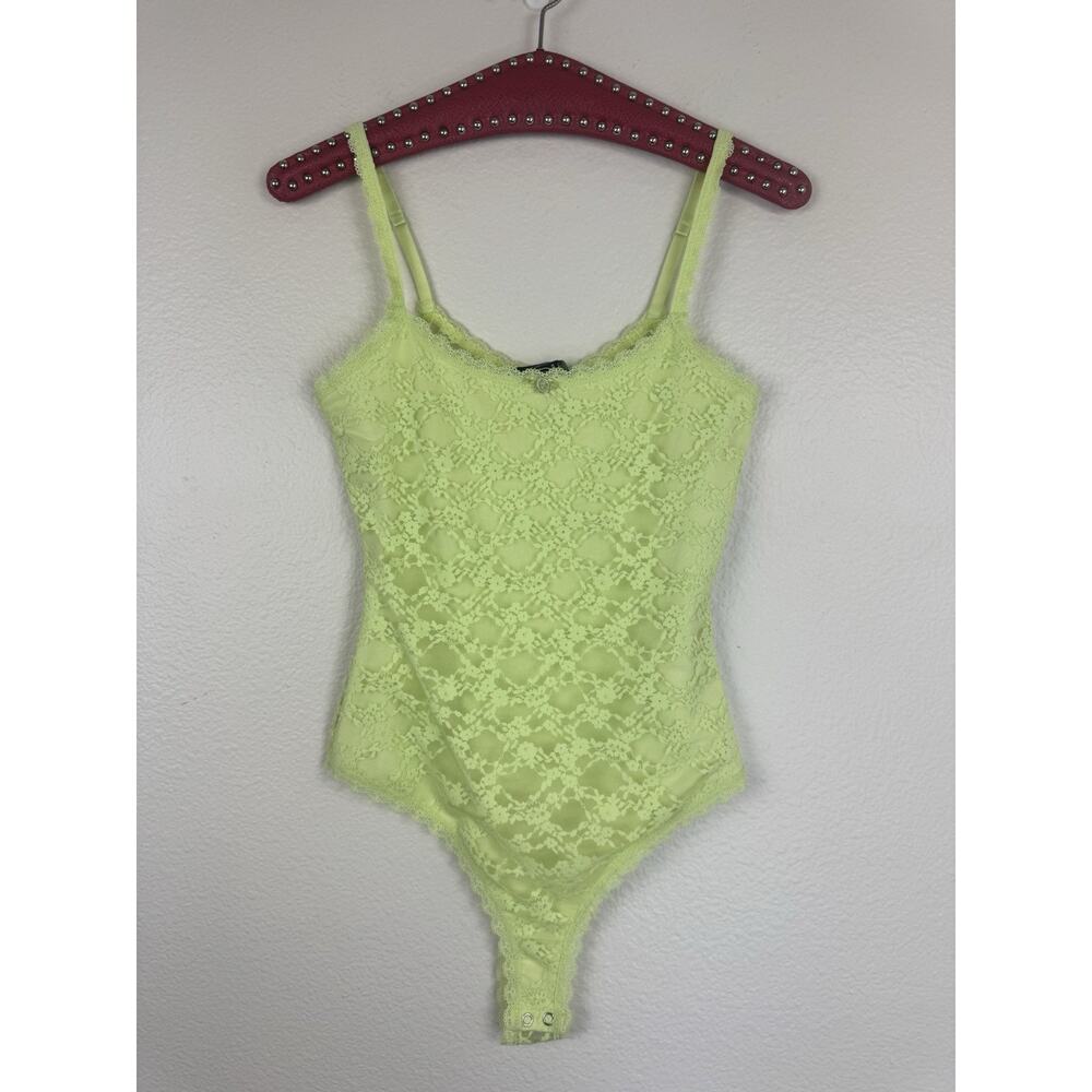 NWT Forever 21 Floral Lace Cami Bodysuit Festival Neon Green Yellow Medium
